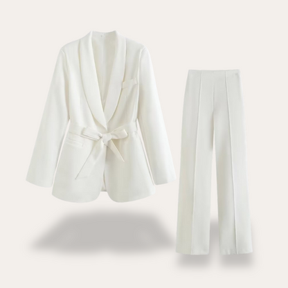 Elegant Blazer Pants Suit Set for Women with Belted Notch Lapel Two Piece