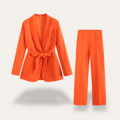 Elegant Blazer Pants Suit Set for Women with Belted Notch Lapel Two Piece