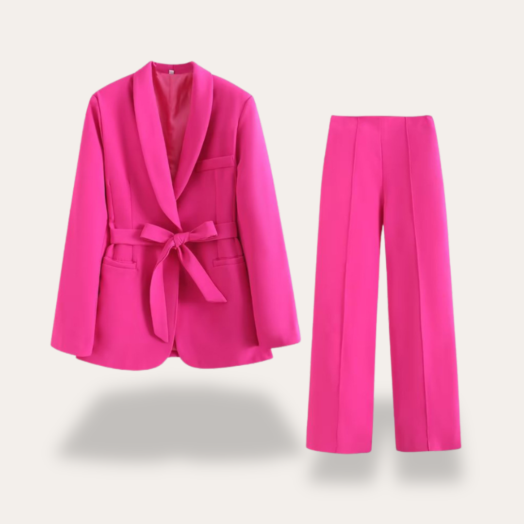 Elegant Blazer Pants Suit Set for Women with Belted Notch Lapel Two Piece