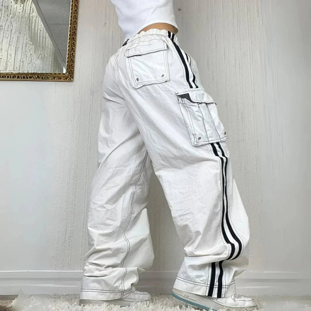 Effortless White Wide Leg Cargo Pants for Women with High Waist Drawstring Striped Relaxed Casual Style