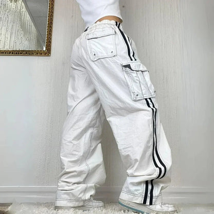 Effortless White Wide Leg Cargo Pants for Women with High Waist Drawstring Striped Relaxed Casual Style