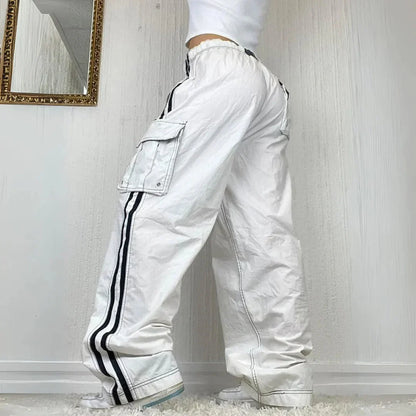 Effortless White Wide Leg Cargo Pants for Women with High Waist Drawstring Striped Relaxed Casual Style