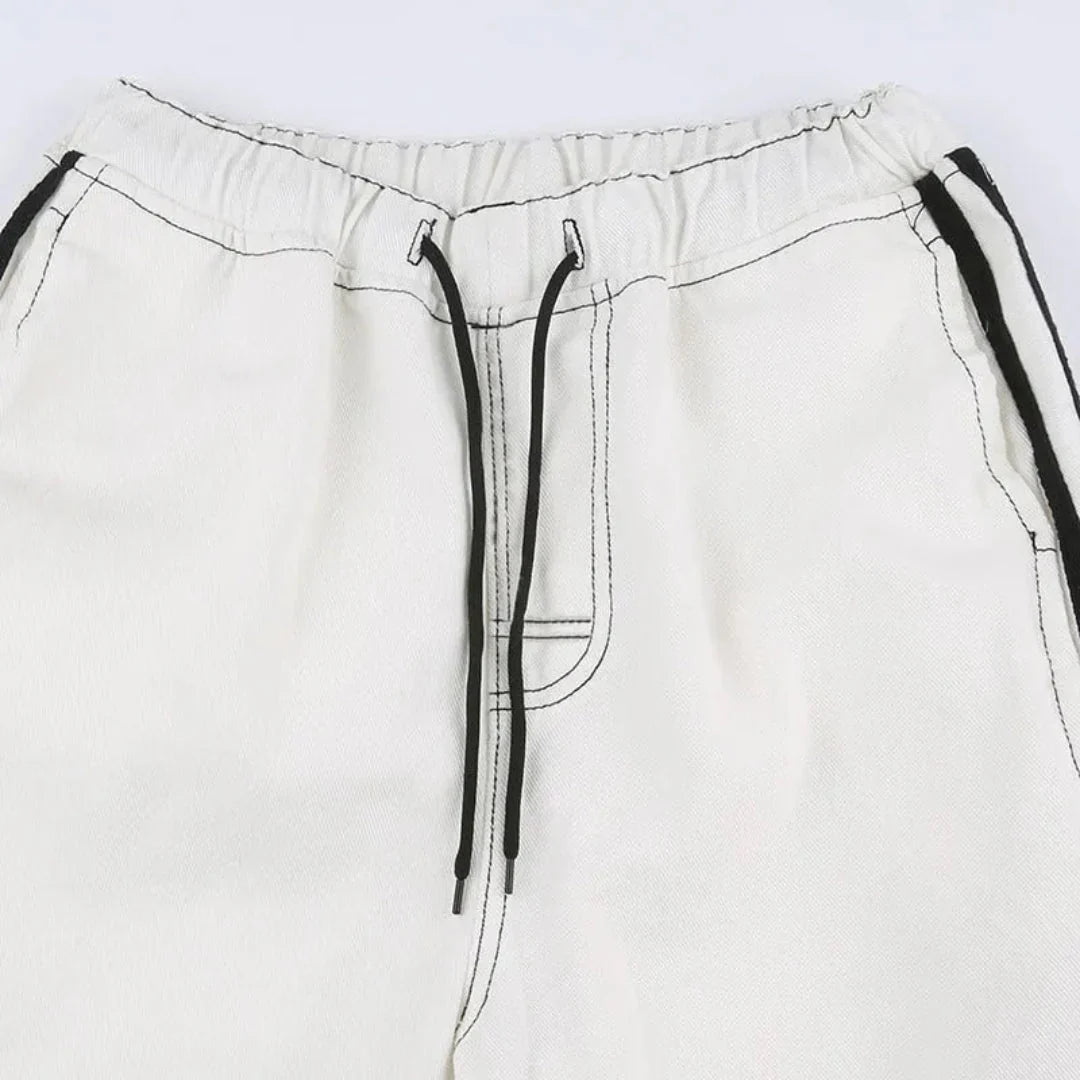 Effortless White Wide Leg Cargo Pants for Women with High Waist Drawstring Striped Relaxed Casual Style