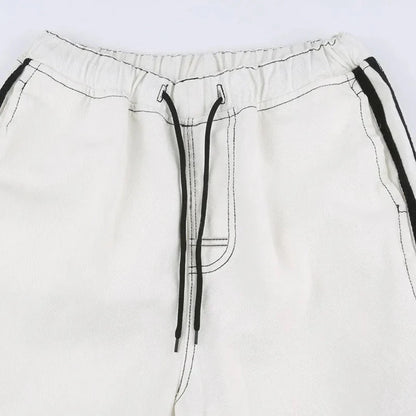 Effortless White Wide Leg Cargo Pants for Women with High Waist Drawstring Striped Relaxed Casual Style