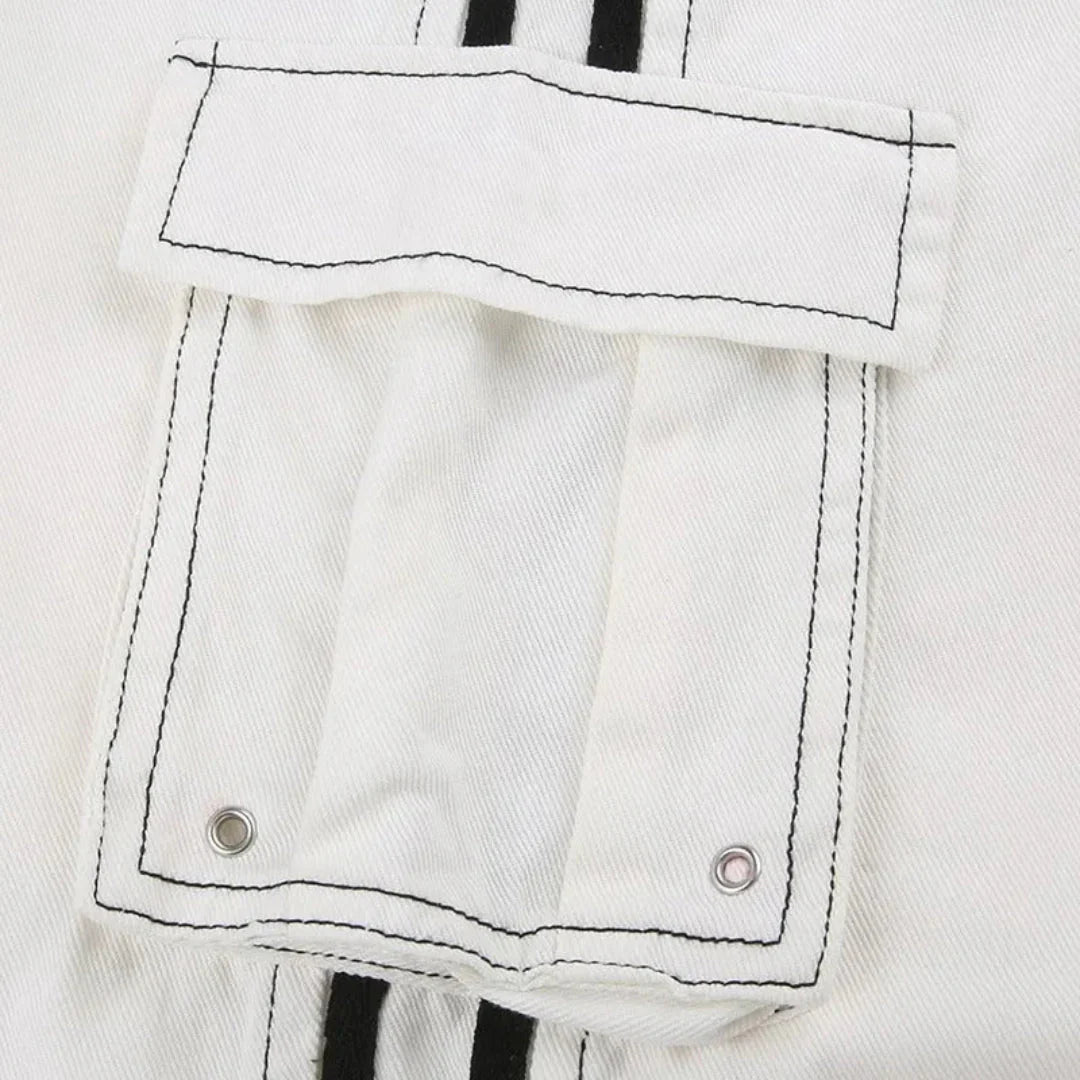 Effortless White Wide Leg Cargo Pants for Women with High Waist Drawstring Striped Relaxed Casual Style