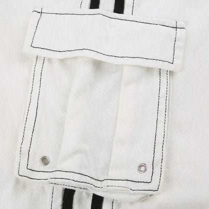 Effortless White Wide Leg Cargo Pants for Women with High Waist Drawstring Striped Relaxed Casual Style