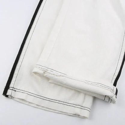 Effortless White Wide Leg Cargo Pants for Women with High Waist Drawstring Striped Relaxed Casual Style
