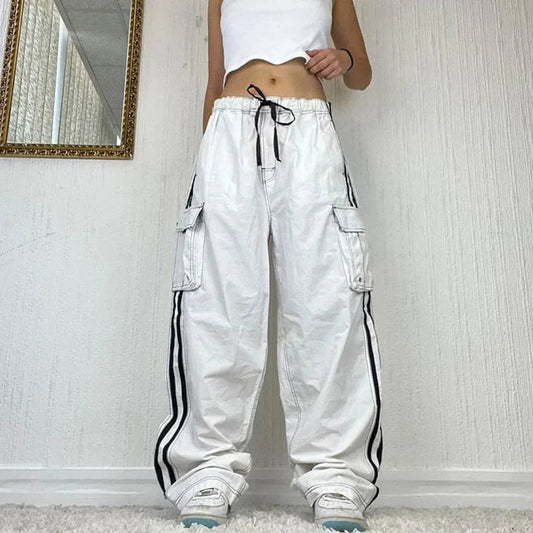 Effortless White Wide Leg Cargo Pants for Women with High Waist Drawstring Striped Relaxed Casual Style