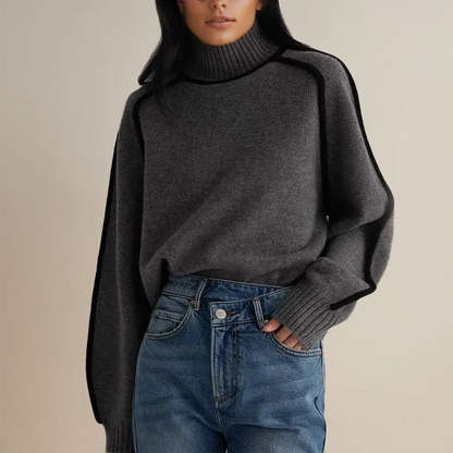 Comfortable Contrast Piping Sweatshirt for Women with Turtleneck Batwing Sleeve Oversized Knit Style