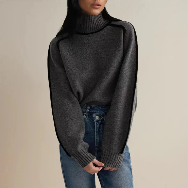 Comfortable Contrast Piping Sweatshirt for Women with Turtleneck Batwing Sleeve Oversized Knit Style