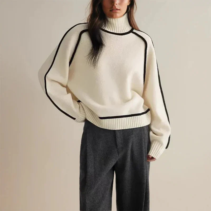 Comfortable Contrast Piping Sweatshirt for Women with Turtleneck Batwing Sleeve Oversized Knit Style
