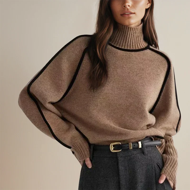 Comfortable Contrast Piping Sweatshirt for Women with Turtleneck Batwing Sleeve Oversized Knit Style