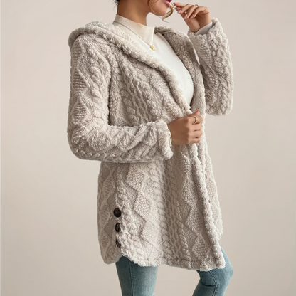 Comfortable Beige Textured Knit Cardigan for Women with Hooded Long Sleeve Button Side Oversized Style