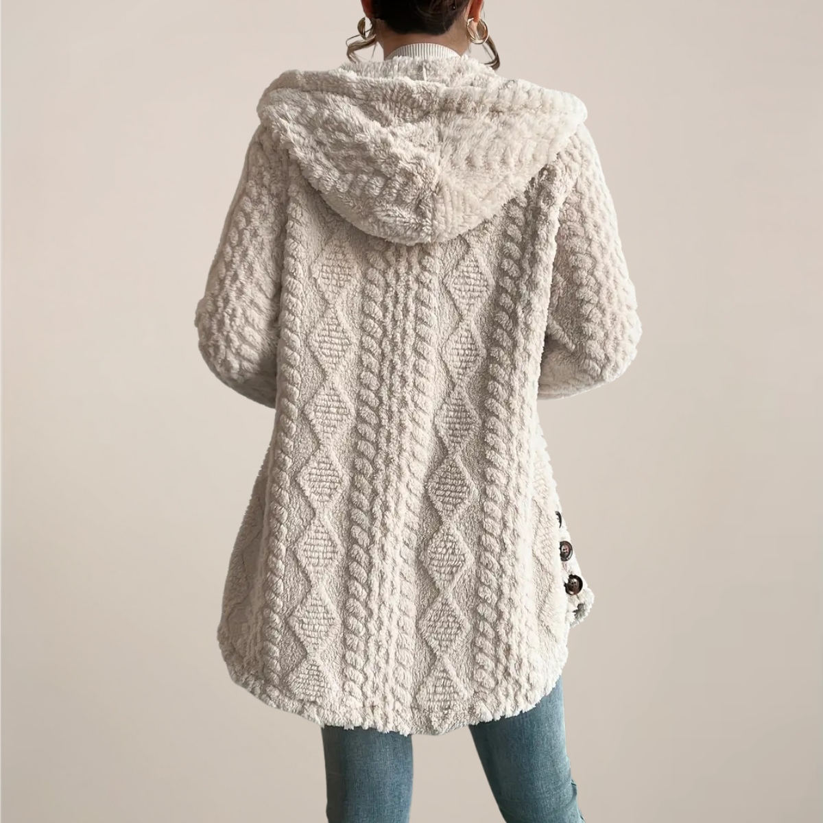 Comfortable Beige Textured Knit Cardigan for Women with Hooded Long Sleeve Button Side Oversized Style