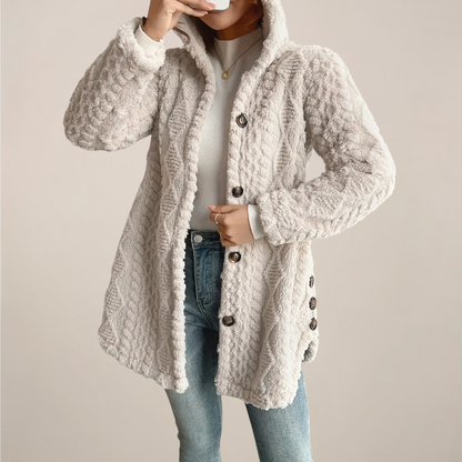 Comfortable Beige Textured Knit Cardigan for Women with Hooded Long Sleeve Button Side Oversized Style