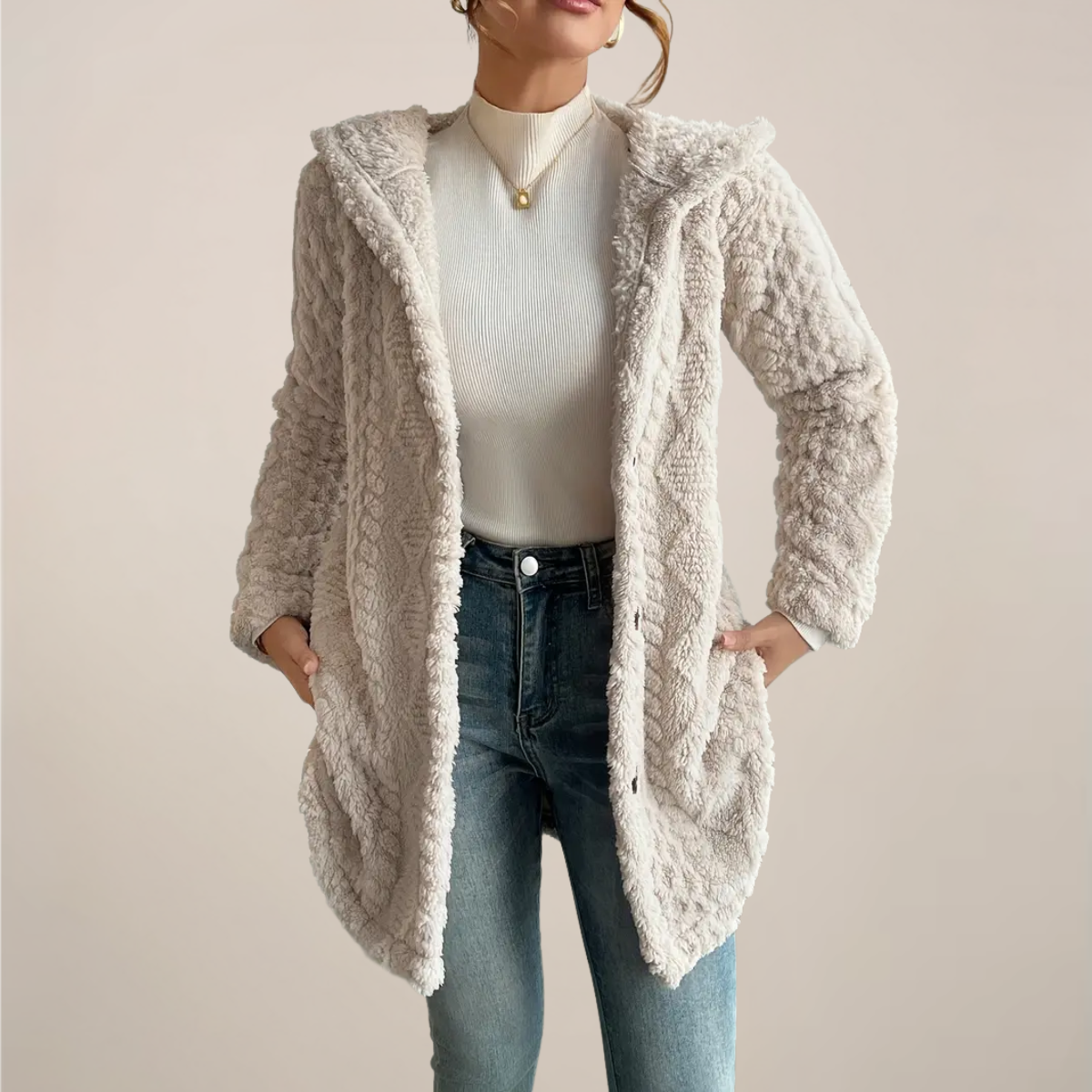 Comfortable Beige Textured Knit Cardigan for Women with Hooded Long Sleeve Button Side Oversized Style
