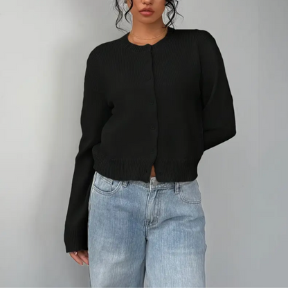 Comfortable Cropped Cardigan for Women with Crew Neck Long Sleeve Button Front Ribbed Knit Style