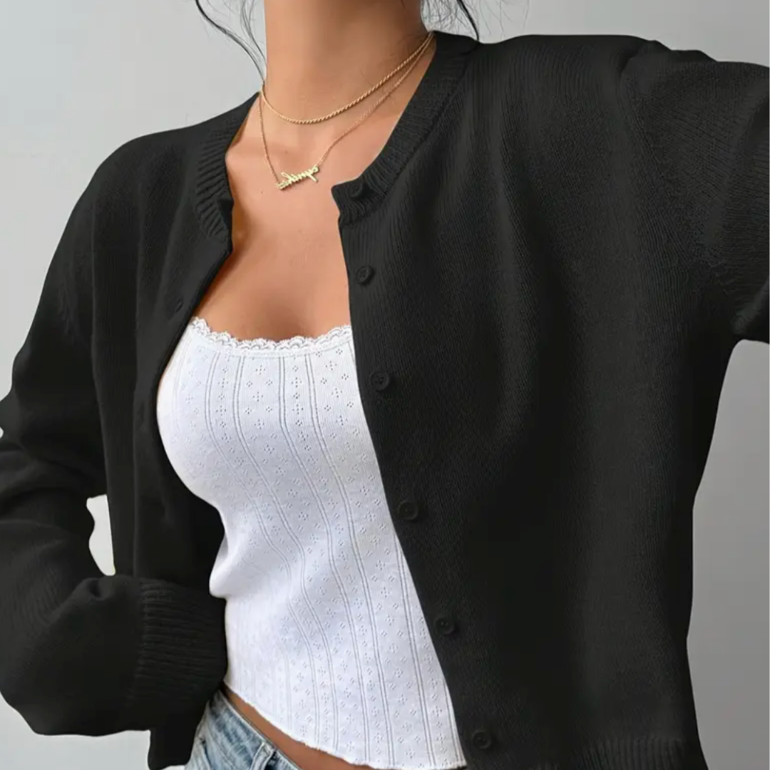 Comfortable Cropped Cardigan for Women with Crew Neck Long Sleeve Button Front Ribbed Knit Style