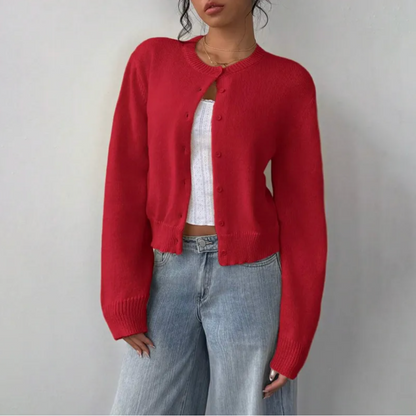 Comfortable Cropped Cardigan for Women with Crew Neck Long Sleeve Button Front Ribbed Knit Style