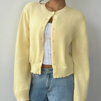 Comfortable Cropped Cardigan for Women with Crew Neck Long Sleeve Button Front Ribbed Knit Style