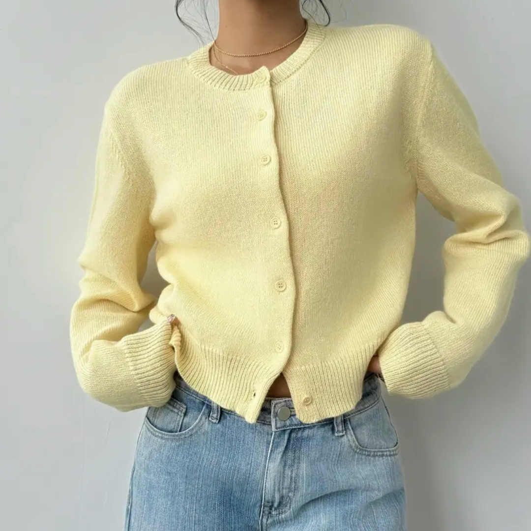 Comfortable Cropped Cardigan for Women with Crew Neck Long Sleeve Button Front Ribbed Knit Style