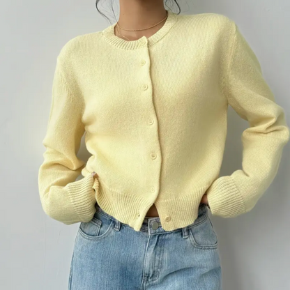 Comfortable Cropped Cardigan for Women with Crew Neck Long Sleeve Button Front Ribbed Knit Style