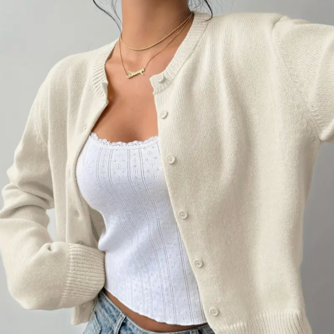 Comfortable Cropped Cardigan for Women with Crew Neck Long Sleeve Button Front Ribbed Knit Style