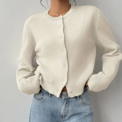 Comfortable Cropped Cardigan for Women with Crew Neck Long Sleeve Button Front Ribbed Knit Style