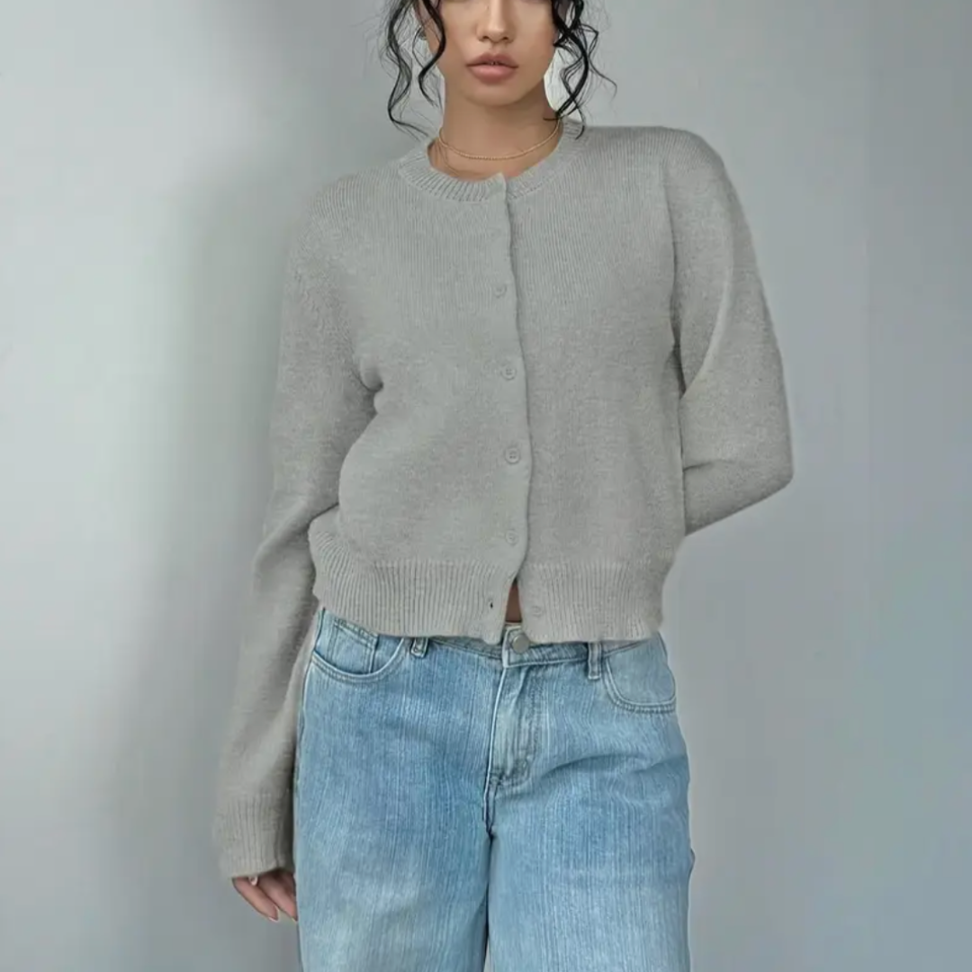 Comfortable Cropped Cardigan for Women with Crew Neck Long Sleeve Button Front Ribbed Knit Style