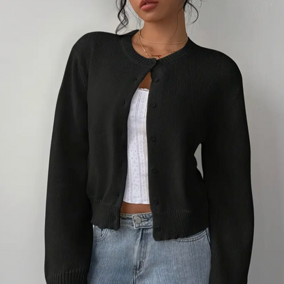 Comfortable Cropped Cardigan for Women with Crew Neck Long Sleeve Button Front Ribbed Knit Style