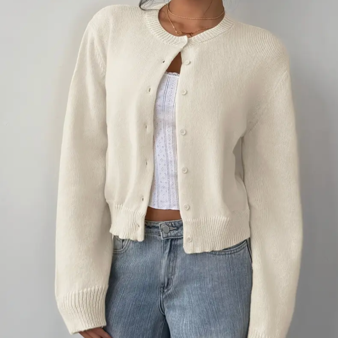 Comfortable Cropped Cardigan for Women with Crew Neck Long Sleeve Button Front Ribbed Knit Style