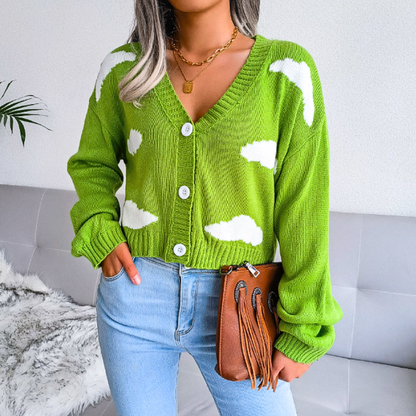 Cozy Cropped Knit Cardigan for Women with V Neck Long Sleeve Cloud Print Button Front Style