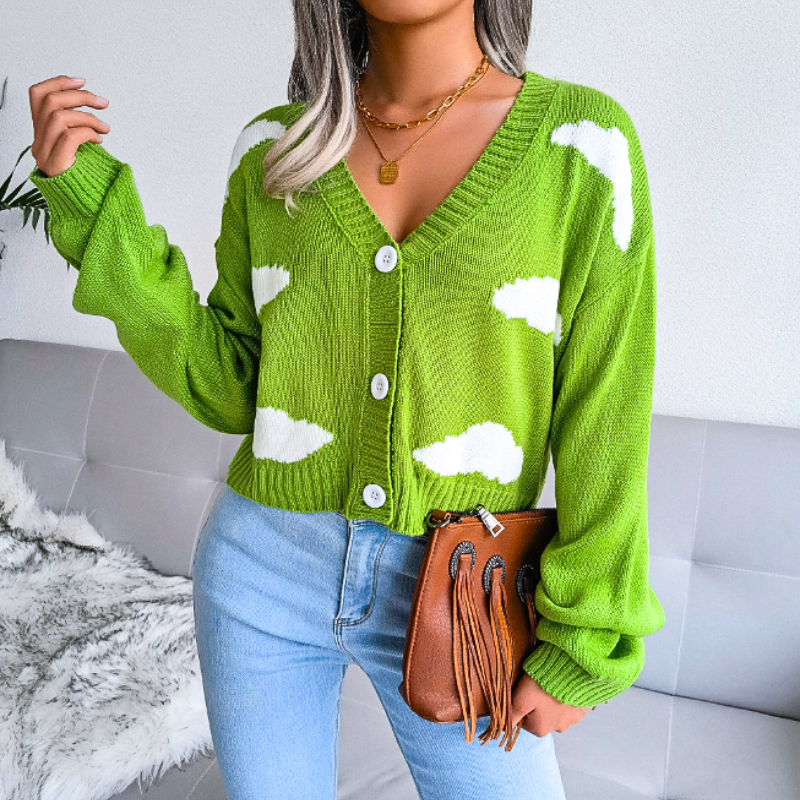 Cozy Cropped Knit Cardigan for Women with V Neck Long Sleeve Cloud Print Button Front Style