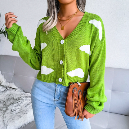 Cozy Cropped Knit Cardigan for Women with V Neck Long Sleeve Cloud Print Button Front Style