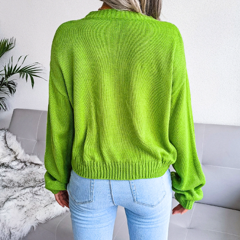Cozy Cropped Knit Cardigan for Women with V Neck Long Sleeve Cloud Print Button Front Style
