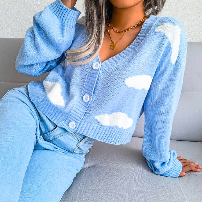 Cozy Cropped Knit Cardigan for Women with V Neck Long Sleeve Cloud Print Button Front Style