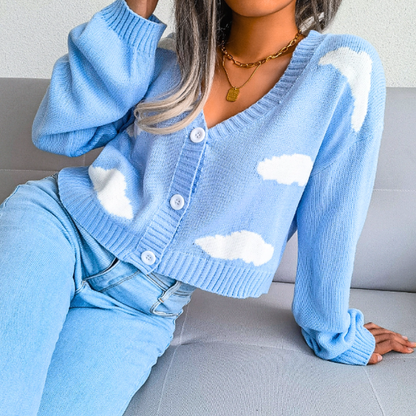 Cozy Cropped Knit Cardigan for Women with V Neck Long Sleeve Cloud Print Button Front Style