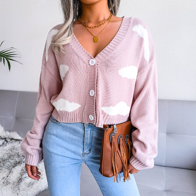 Cozy Cropped Knit Cardigan for Women with V Neck Long Sleeve Cloud Print Button Front Style