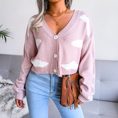 Cozy Cropped Knit Cardigan for Women with V Neck Long Sleeve Cloud Print Button Front Style