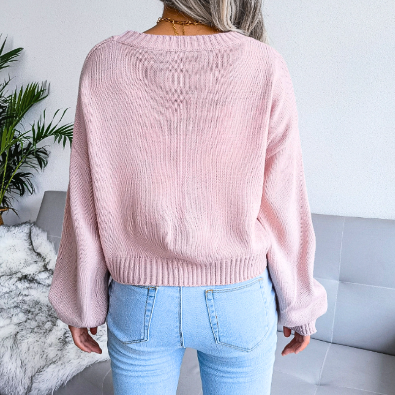 Cozy Cropped Knit Cardigan for Women with V Neck Long Sleeve Cloud Print Button Front Style