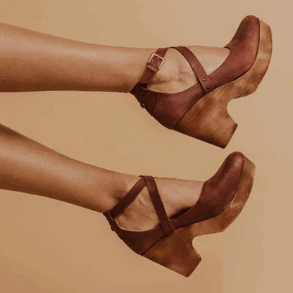 Elegant Heels for Women with Round Toe Cross Strap Mary Jane Block Heel Vintage Style
