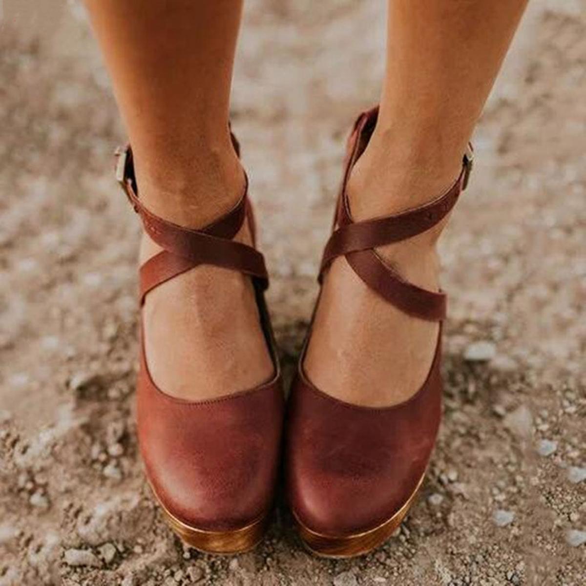 Elegant Heels for Women with Round Toe Cross Strap Mary Jane Block Heel Vintage Style