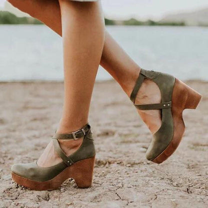Elegant Heels for Women with Round Toe Cross Strap Mary Jane Block Heel Vintage Style