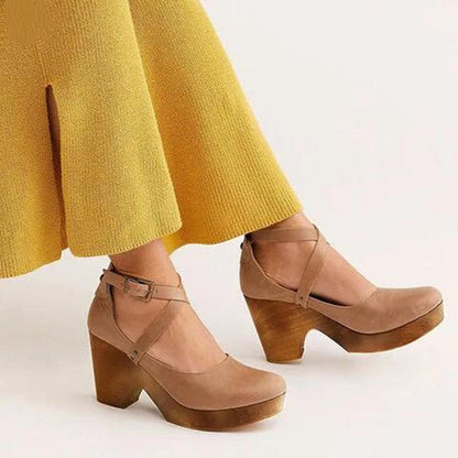 Elegant Heels for Women with Round Toe Cross Strap Mary Jane Block Heel Vintage Style