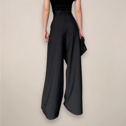 Elegant Black Wide Leg Pants for Women with High Waisted Pleated Ruched Flowing Style
