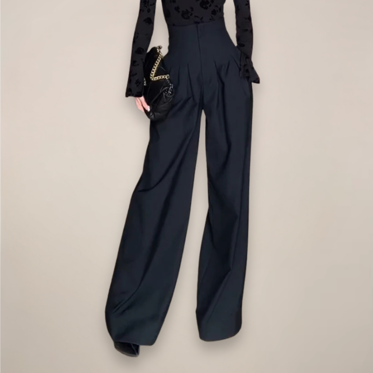 Elegant Black Wide Leg Pants for Women with High Waisted Pleated Ruched Flowing Style