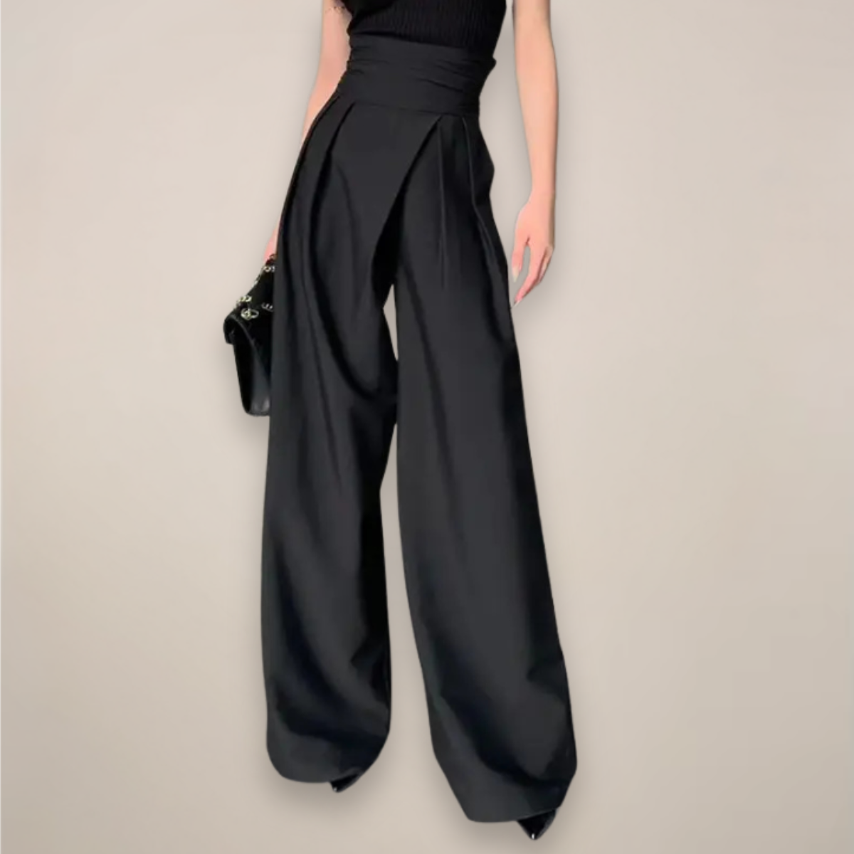 Elegant Black Wide Leg Pants for Women with High Waisted Pleated Ruched Flowing Style
