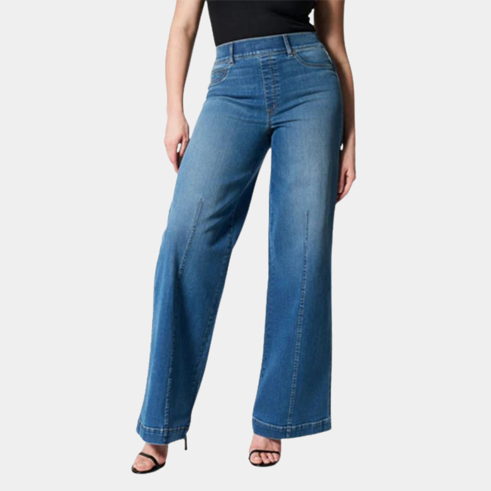 Effortless Blue Denim Wide Leg Jeans for Women with High Waisted Seamed Front Flare Relaxed Style