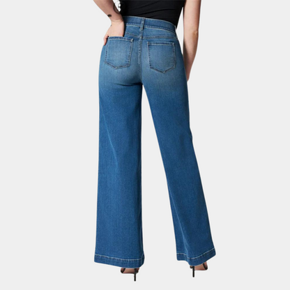 Effortless Blue Denim Wide Leg Jeans for Women with High Waisted Seamed Front Flare Relaxed Style