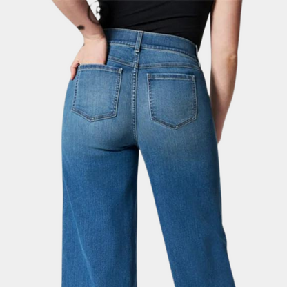 Effortless Blue Denim Wide Leg Jeans for Women with High Waisted Seamed Front Flare Relaxed Style